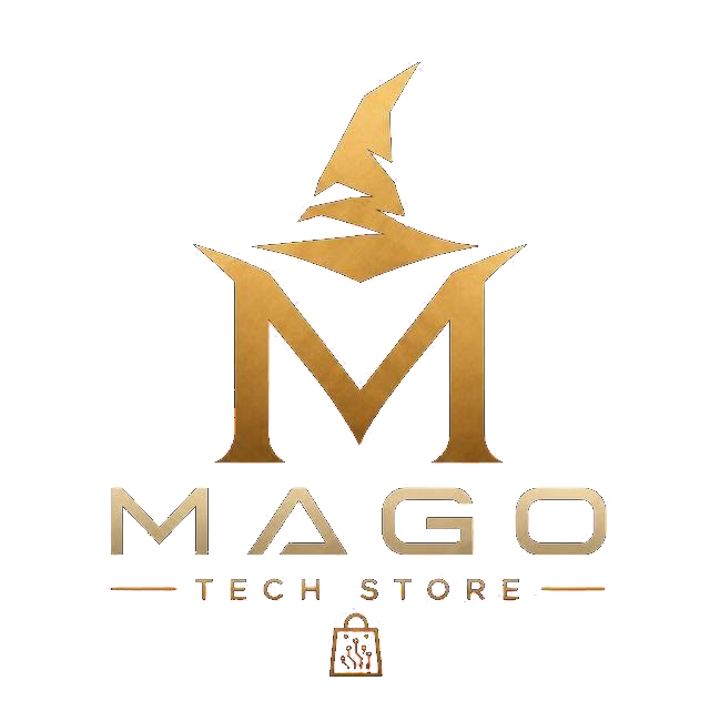 Logotipo da Mago Tech Store: letra M dourada com um chapéu de mago